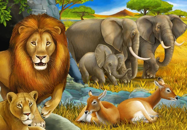 Tecknad safari scen med lejon vilar och elefant på ängen illustration för barn — Stockfoto