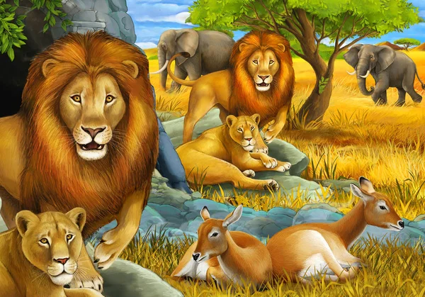 Cartoon-Safari-Szene mit Löwen und Elefanten auf der Wiese Illustration für Kinder — Stockfoto