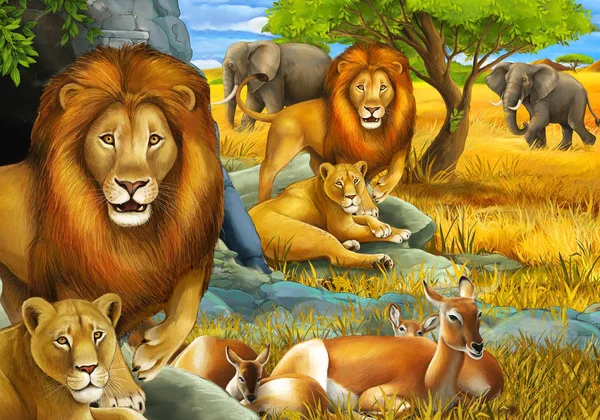 Aslanların dinlendiği çizgi film safari sahnesi ve çocuklar için çayırda fil resimleri. — Stok fotoğraf