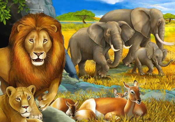 Cartoon-Safari-Szene mit Löwen und Elefanten auf der Wiese Illustration für Kinder — Stockfoto