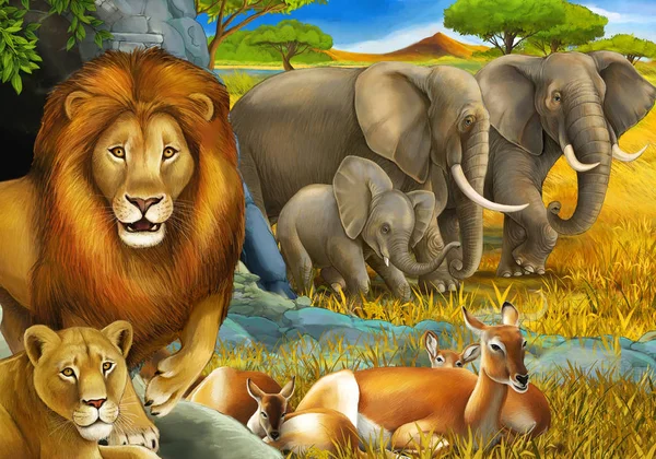 Cena de safári de desenhos animados com leões descansando e elefante na ilustração do prado para crianças — Fotografia de Stock
