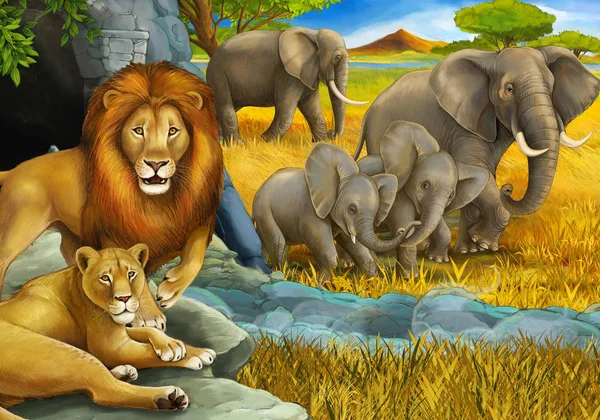 Cartoon-Safari-Szene mit Löwen und Elefanten auf der Wiese Illustration für Kinder — Stockfoto