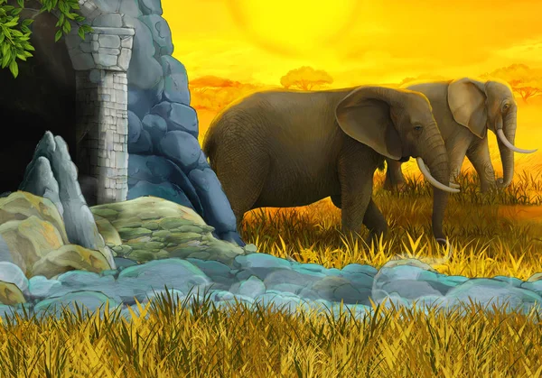 Cartoon safari scena ze słoniem na łące ilustracja dla dzieci — Zdjęcie stockowe