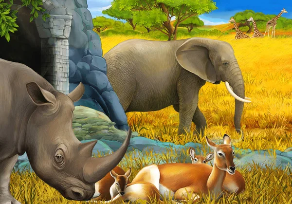 Scène de dessin animé avec rhinocéros rhinocéros antilope et éléphant sur l'illustration de prairie pour enfants — Photo