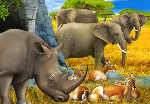 Cena dos desenhos animados com rinoceronte antílope e elefante no prado ilustração para crianças — Fotografia de Stock