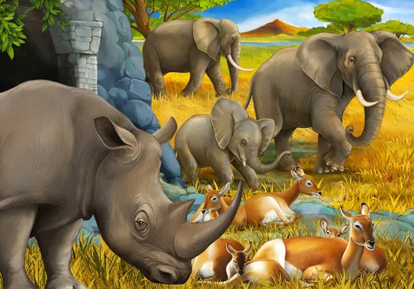 Scena dei cartoni animati con rinoceronte antilope ed elefante sul prato illustrazione per bambini — Foto Stock