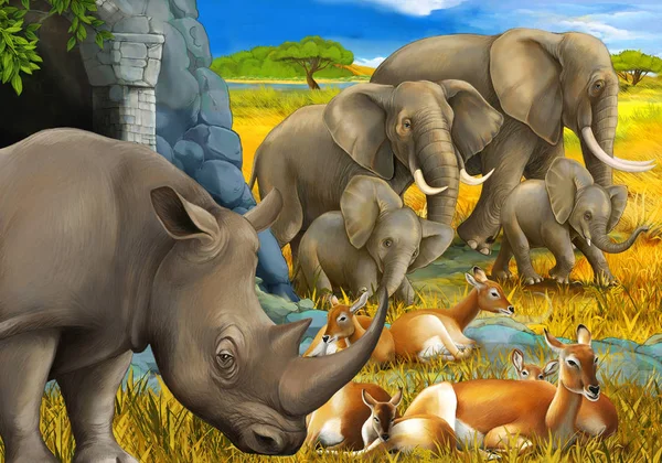 Gergedan antilopları ve çocuklar için çayırdaki fil resimli karikatür sahnesi.
