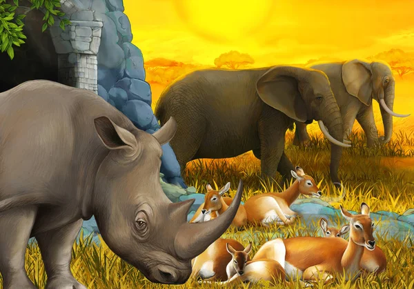 Scena dei cartoni animati con rinoceronte antilope ed elefante sul prato illustrazione per bambini — Foto Stock