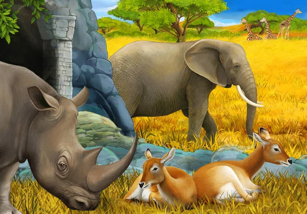 Cena dos desenhos animados com rinoceronte antílope e elefante no prado ilustração para crianças — Fotografia de Stock