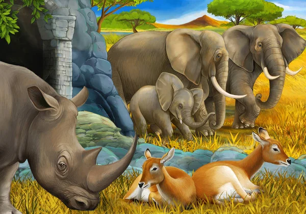 Scène de dessin animé avec rhinocéros rhinocéros antilope et éléphant sur l'illustration de prairie pour enfants — Photo