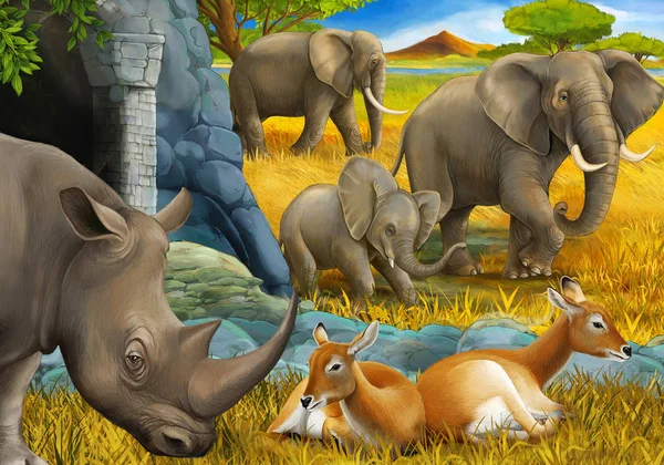 Scena dei cartoni animati con rinoceronte antilope ed elefante sul prato illustrazione per bambini — Foto Stock