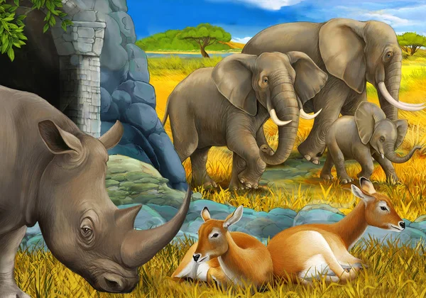 Scena dei cartoni animati con rinoceronte antilope ed elefante sul prato illustrazione per bambini — Foto Stock