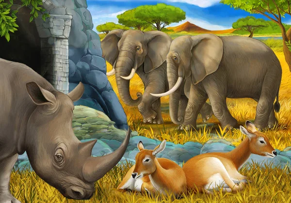 Scena dei cartoni animati con rinoceronte antilope ed elefante sul prato illustrazione per bambini — Foto Stock