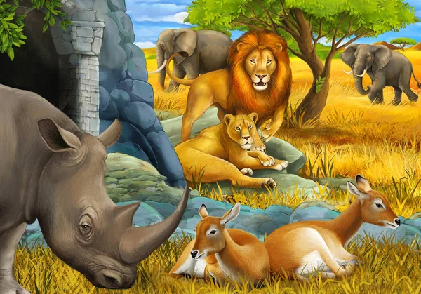 Tecknad scen med noshörning noshörning antilop lejon och elefant på ängen illustration för barn — Stockfoto
