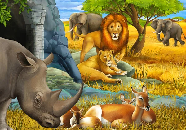 Scène de dessin animé avec rhinocéros rhinocéros antilope lions et éléphant sur l'illustration de prairie pour enfants — Photo