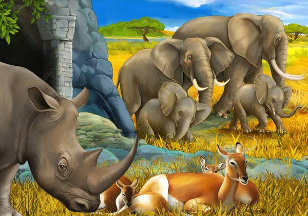 Gergedan antilopları ve çocuklar için çayırdaki fil resimli karikatür sahnesi.