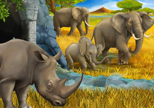 Cartoon Safari Scene Elephant Family Rhinoceros Rhino Meadow Mountain Illustration — Stock Photo, Image