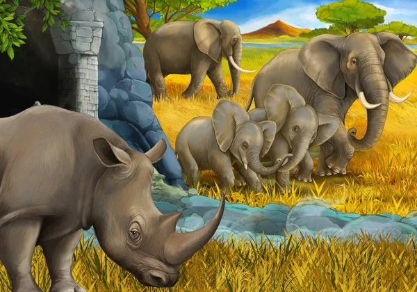 Cartoon scene with rhino rhinoceros and elephant on the meadow illustration for children — Stock Photo, Image