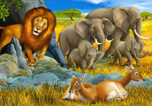 cartoon scene with elephant antelope and lion on the meadow resting illustration for children
