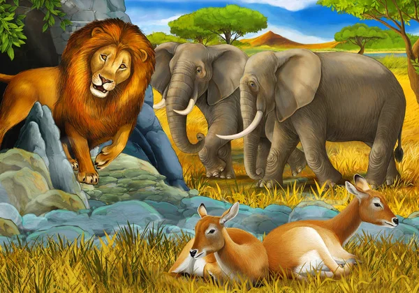Zeichentrickszene mit Elefantenantilope und Löwe auf der Liegewiese für Kinder — Stockfoto