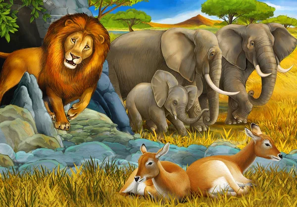 Cena dos desenhos animados com antílope de elefante e leão no prado descansando ilustração para crianças — Fotografia de Stock