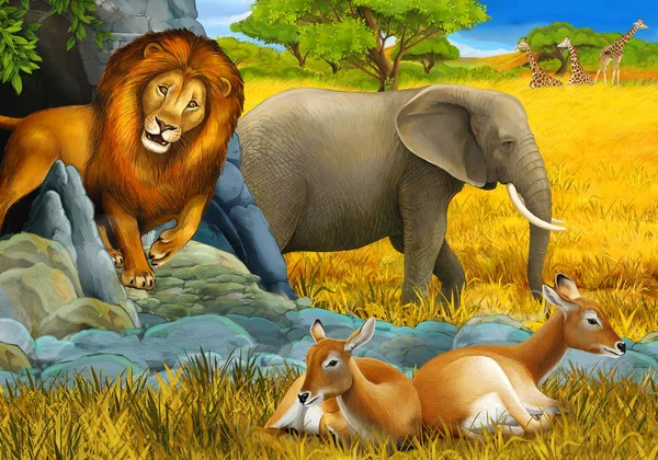 Tecknad scen med elefant antilop och lejon på ängen vilar illustration för barn — Stockfoto