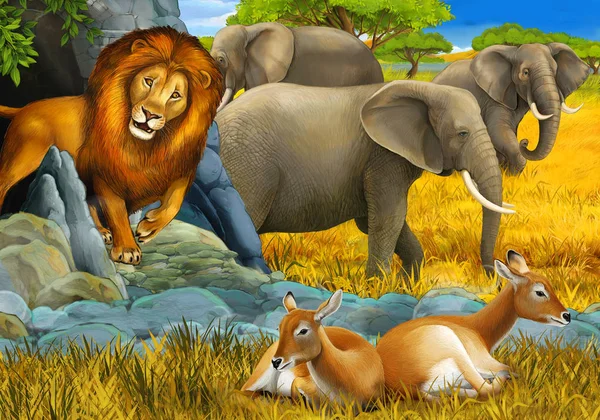 cartoon scene with elephant antelope and lion on the meadow resting illustration for children