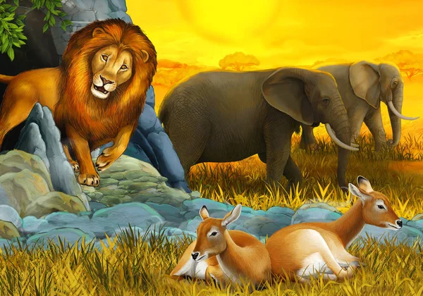 cartoon scene with elephant antelope and lion on the meadow resting illustration for children