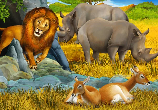 带着大象、羚羊和狮子在草地上为孩子们作画的卡通片 — 图库照片