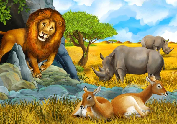 Cartoon scene with elephant antelope and lion on the meadow resting illustration for children — Stock Photo, Image