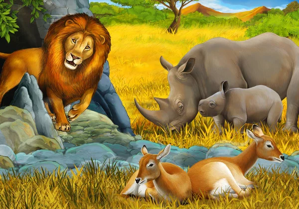 在草地上的卡通片场景中，大象羚羊和犀牛正在为孩子们提供休息的图解 — 图库照片