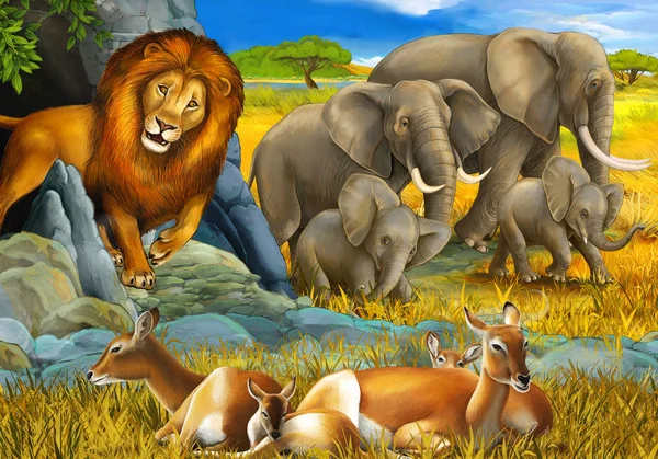 cartoon scene with elephant antelope and lion on the meadow resting illustration for children