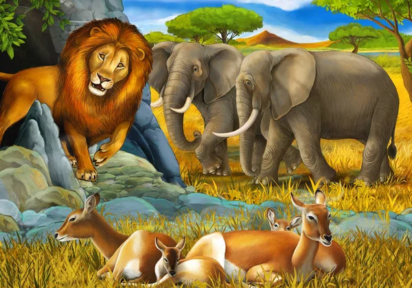 Scena del fumetto con elefante antilope e leone sul prato a riposo illustrazione per bambini — Foto Stock