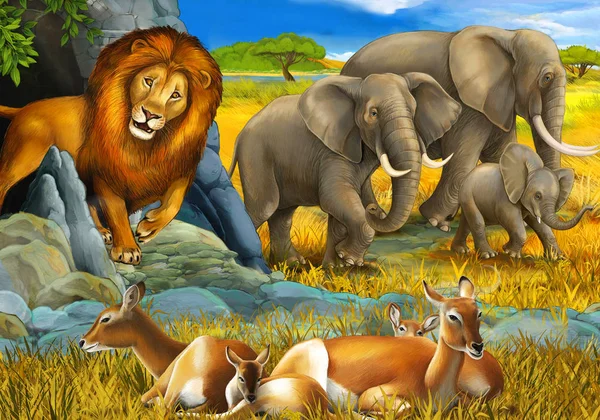 cartoon scene with elephant antelope and lion on the meadow resting illustration for children