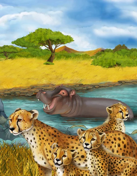 Tecknad scen med gepard katt familj med barn flodhäst flodhäst simma i floden nära ängen vilar illustration för barn — Stockfoto