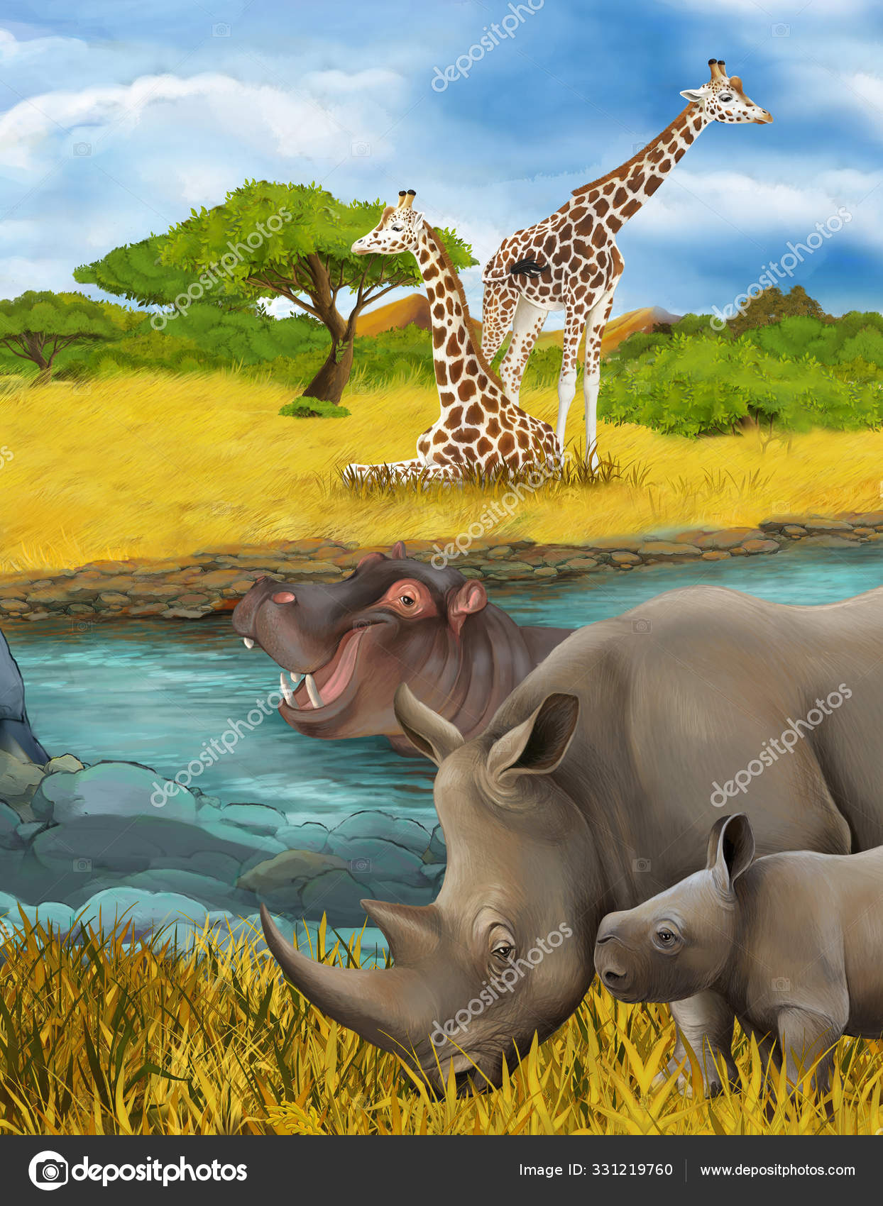 Cartoon scene with hippopotamus hippo rhinoceros rhino and giraffes