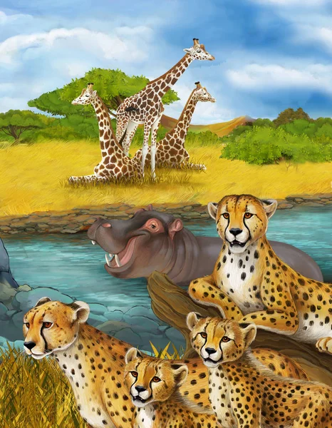 Cartoon scene with cheetah resting and hippo swimming illustration for children — Stock Photo, Image