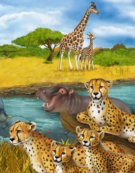 Мультяшна сцена з гепардом відпочиваючим і гіпо плаваючим ілюстрацією для дітей — стокове фото