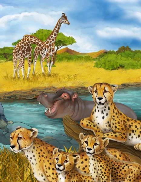 Мультяшна сцена з гепардом відпочиваючим і гіпо плаваючим ілюстрацією для дітей — стокове фото