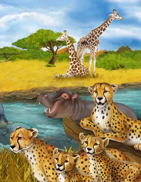 Tecknad scen med gepard vila och flodhäst simning illustration för barn — Stockfoto