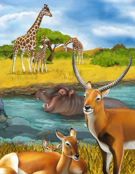 Tecknad scen med flodhäst flodhäst i floden nära mjöd — Stockfoto