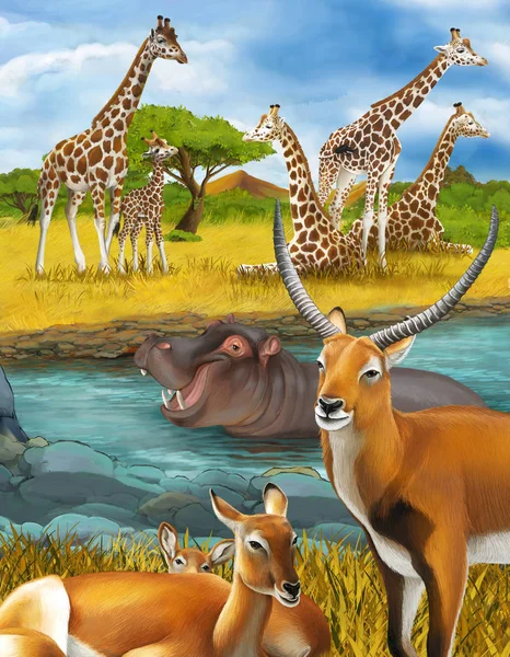 Escena de dibujos animados con hipopótamo hipopótamo en el río cerca del prado — Foto de Stock