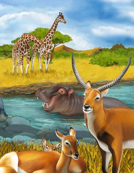 Kreskówkowa scena z hipopotamem hipopotamem w rzece w pobliżu miodu — Zdjęcie stockowe