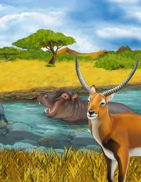 Escena de dibujos animados con hipopótamo hipopótamo nadando en el río cerca de la pradera descansando ilustración para niños —  Fotos de Stock
