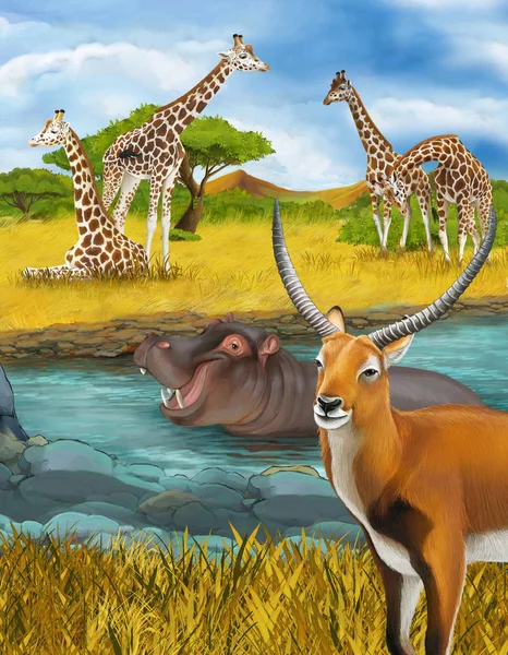 Kreskówkowa scena z hipopotamem hipopotamem w rzece przy łące żyrafy i ilustracja antylopy dla dzieci — Zdjęcie stockowe