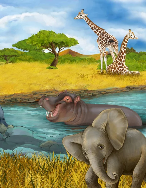 Мультиплікаційна сцена з гіпопотамасом хіппо в річці та ілюстрацією слона для дітей — стокове фото
