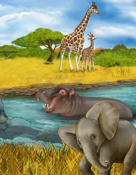 Cartoon scene with hippopotamus hippo in the river and elephant illustration for children — Stock Photo, Image