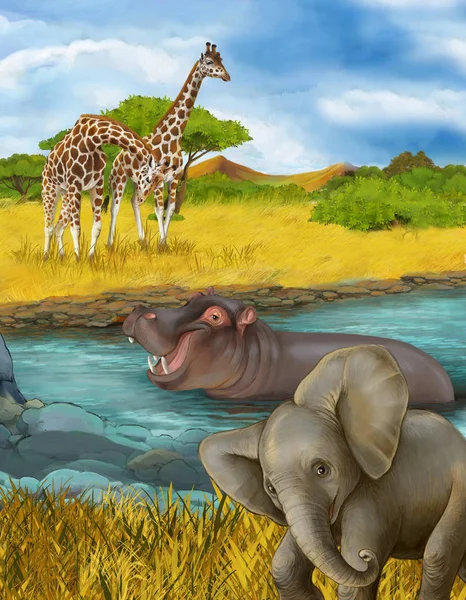 Cartoon scene with hippopotamus hippo in the river and elephant illustration for children — Stock Photo, Image