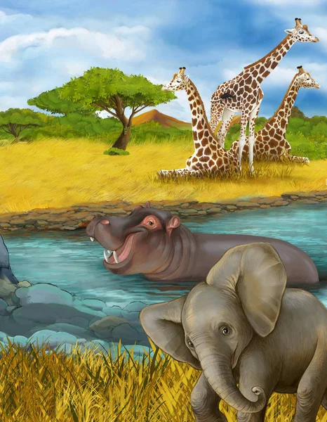 Мультиплікаційна сцена з гіпопотамасом хіппо в річці та ілюстрацією слона для дітей — стокове фото