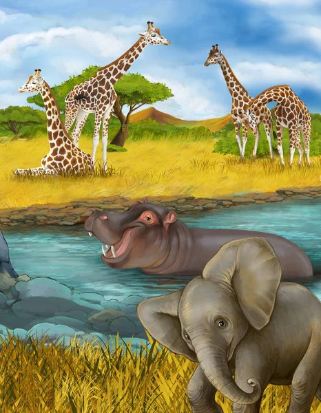 Cartoon scene with hippopotamus hippo in the river and elephant illustration for children — Stock Photo, Image